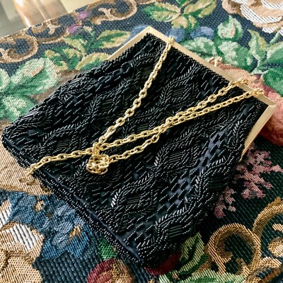 #ad Vintage Evening Bag Black Beaded Clutch Hong Kong Clasp Lock With Chain