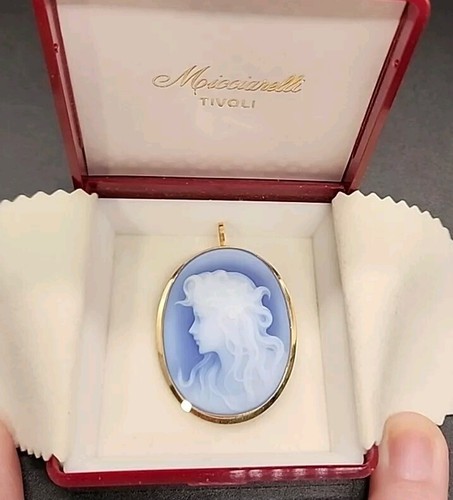 Micciarelli Vintage Blauer Achat Kamee Brosche Anhänger in 18K Gelbgold mit Box