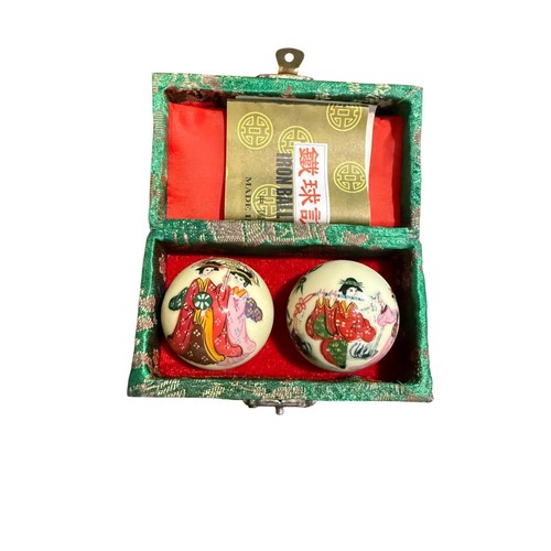 Chinese Baoding Iron Balls Hand Painted Figures Chime Stress Relief Brocade Box