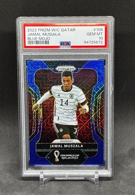 2022 PANINI PRIZM WORLD CUP QATAR BLUE MOJO #108 JAMAL MUSIALA 33/75 PSA 10