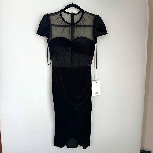 NWT Mac Duggal Sheer Neck Lace Corset Floral Tulip Hem Black Velvet Midi Dress2 - Picture 7 of 10