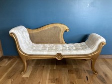 Vintage Gold Cane Chaise Lounge with Cream Colored Upholstered Seat