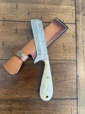 CUSTOM HANDMADE DAMASCUS BONE HANDLE BULL CUTTER KNIFE WITH LEATHER SHEATH 79/4