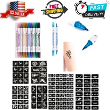 Temporary Tattoos Stencils Kits,10 Assorted Colors Body Markers + 131 Large