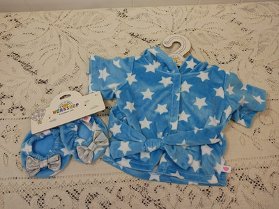 Build a Bear Workshop Blue Stars Bath Robe Unicorn Hooded & Soft Slippers NWT