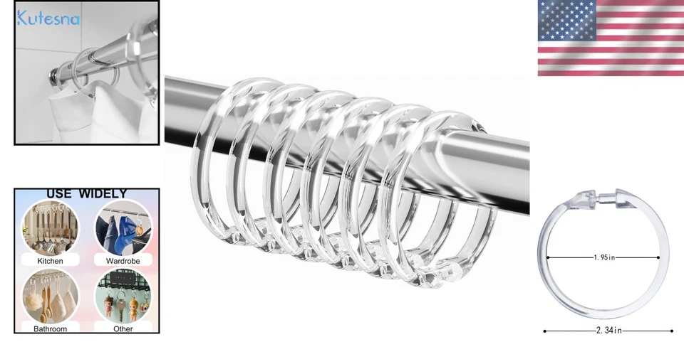 浴帘钩塑料透明环扣 12 件浴室配件 — 第 2/4 张图片