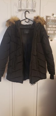 Steve Madden Black Puffer Jacket M Hooded Faux Fur Trim Full Zip Pockets