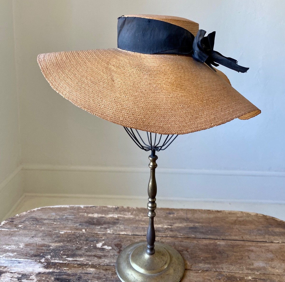 Antique Victorian 19th Century Italian Leghorn Straw Wide Brim Sun