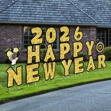 18 Pcs Happy New Year 2026 Yard Signs with Stakes, 16 Inches gold