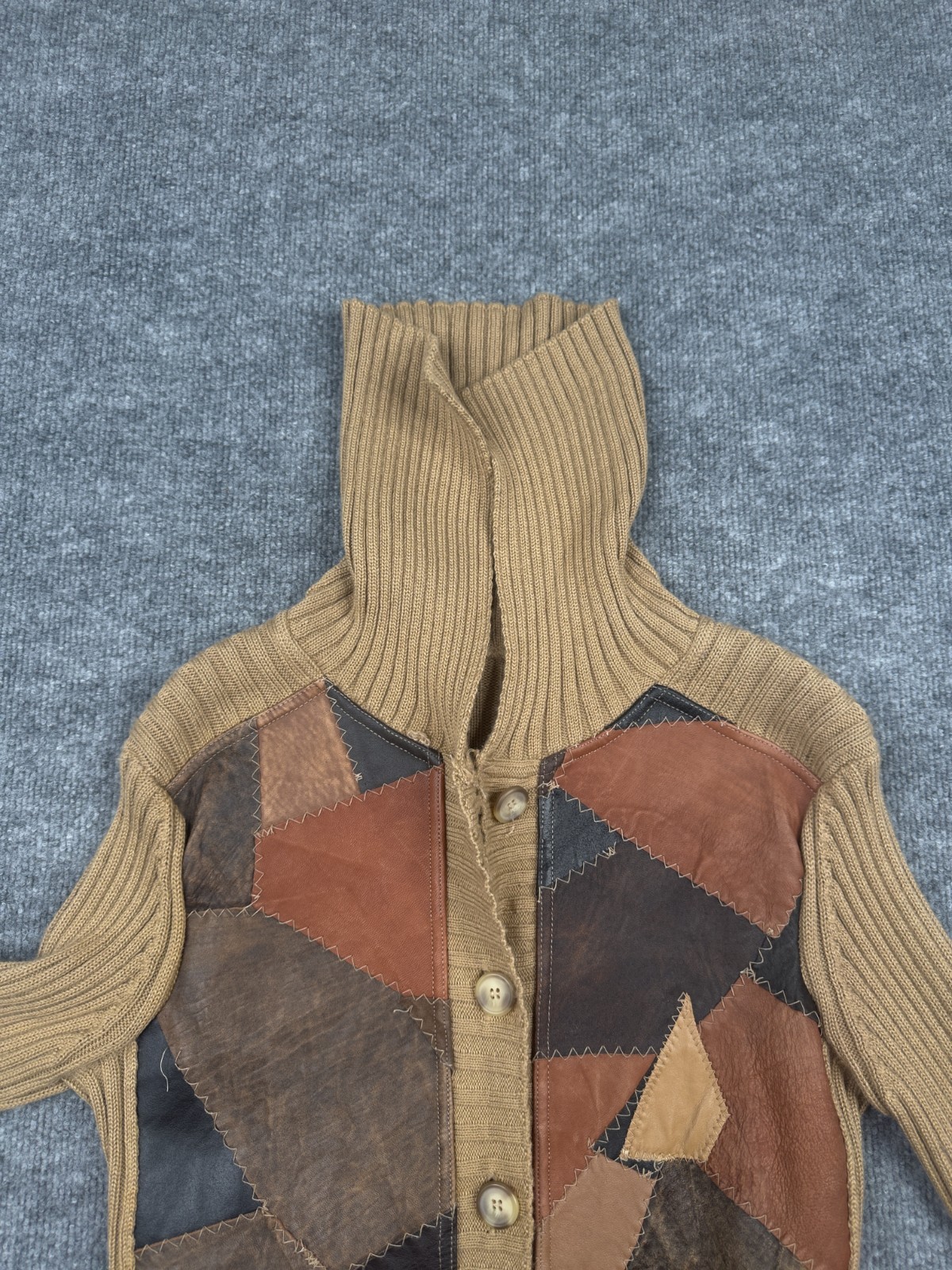 Vintage Patchwork Leather Front Knit Cardigan Swe… - image 8