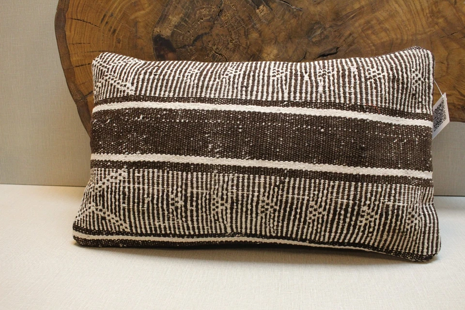 Funda de Almohada Kilim Turco Blanco Negro 16x24 Hecho a Mano Cojín Tribal a Rayas Foto 3 de 4