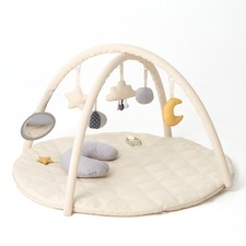 Baby Activity Gym Playmat with 5 Hanging Toys, Baby Mirror, Teether, and Pillow