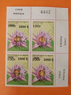 Bénin surchargé 1000f sur 100f Fleur Colis Postaux 2R Bloc de 4 Variété Neuf MNH