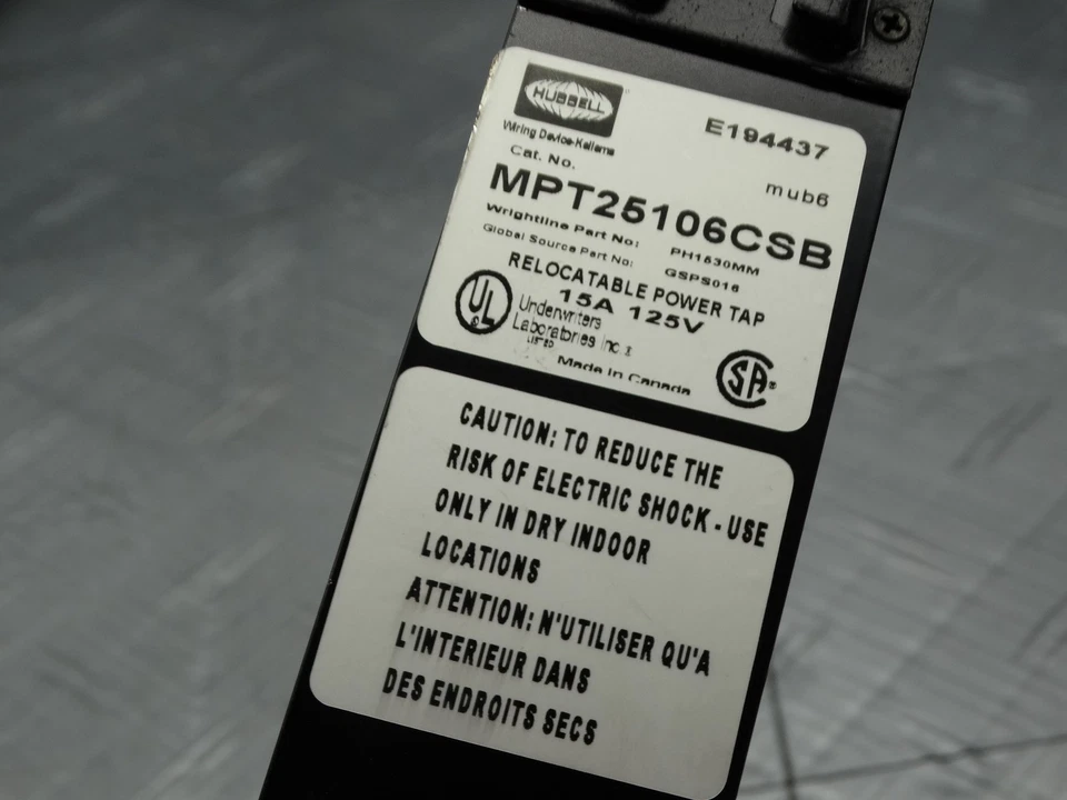 Hubbell 15A 125V Power Strip MPT25106CSB Wright Line / Eaton Mounts - Image 3 of 3