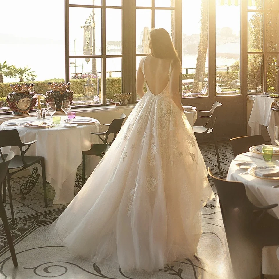 Сексуальный трапециевидный свадебные платья v-образным вырезом спагетти ремень кружева аппликации свадебные платья - Изображение 2 из 4