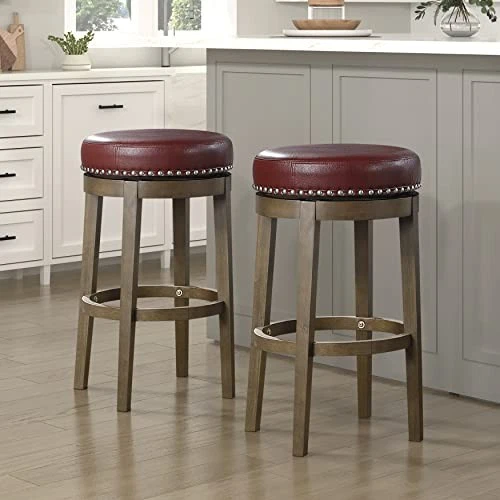  Juego de 2 taburetes de bar giratorios Kenmare, rústicos 360 grados 30,5 pulgadas de altura rojos Foto 3 de 4