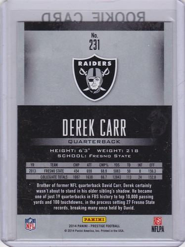 DEREK CARR ROOKIE CARD Prestige 2014 RC Oakland Raiders Football NFL LE! - Picture 2 of 2