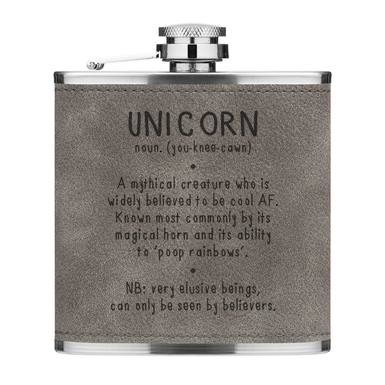 Unicorn Definition 6oz PU Leather Hip Flask Grey Funny