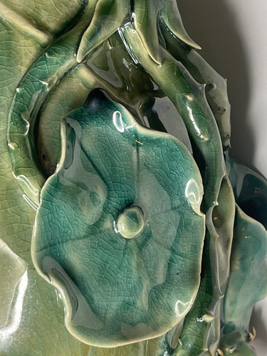 Vtg Majolica Vase 13" Rose Bud with Thorns Bird on Leaves Beautiful - Picture 5 of 19