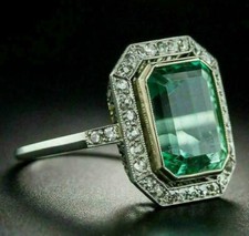 4 Ct Emerald Cut Lab Created Emerald Halo Engagement Ring 14K White Gold Finish
