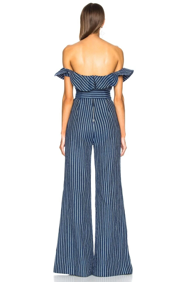 Mono Alexis para mujer grande azul a rayas fuera del hombro pierna ancha con cinturón Foto 2 de 4