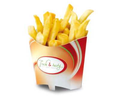 Pommes Schütte Faltbox Verpackung ''Fresh & Tasty'' 196 ml, bedruckt, 1000 St.