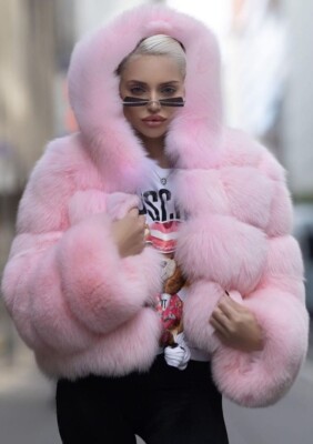 Women Real Fox Fur Coat Pink Short Full Pelt Hood Jacket Winter