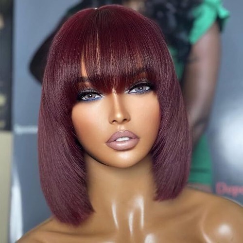 Human Hair Wigs with Bangs 3x1 Lace Front Burgundy 99j Red - Picture 2 of 20
