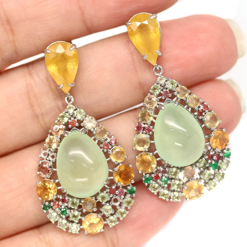 Gmestone 12 X 15 mm Green-Prehnite Sapphire Peridot Diopside Earrings 925 Silver - Image 2 of 4