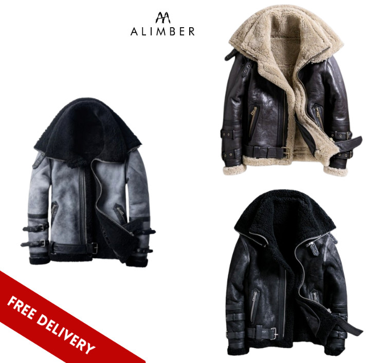 Abrigo Chaqueta de Cuero Real Bombardero Aviador de Doble Cuello Piel Ovejador para Hombre