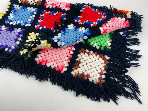 MANTA NEGRA Multicolor Abuelita Cuadrada Afgana HECHA A MANO Crochet Tiro 36x54" - Imagen 3 de 3