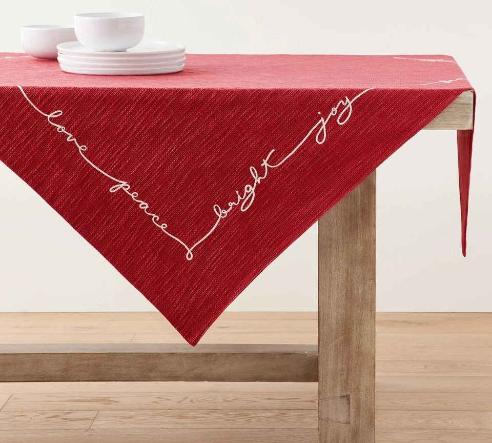 Pottery Barn Christmas Holiday Merry & Bright Cotton Table Throw, Red 50''x50'' - Image 2 of 4