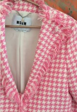 Fab Msgm Italy Pink White Houndstooth Check Statement Jacket Fringe Eur40