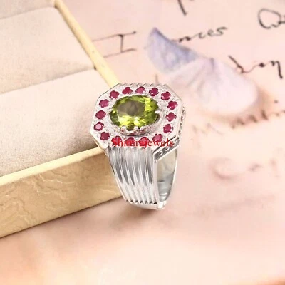 Natürlich Peridot & Heizbar Rubin Mit 18k Weiß Vergoldet Silber Herren Ring #954 - Bild 1 von 4