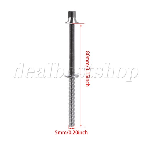 10 x Drum Parts Tension Screws Rods M5 Thread x 80mm with Gaskets Silver - Picture 9 of 9