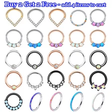 16G Opal CZ Hinged Septum Clicker Nose Rings Hoop 316L Steel Cartilage Earrings