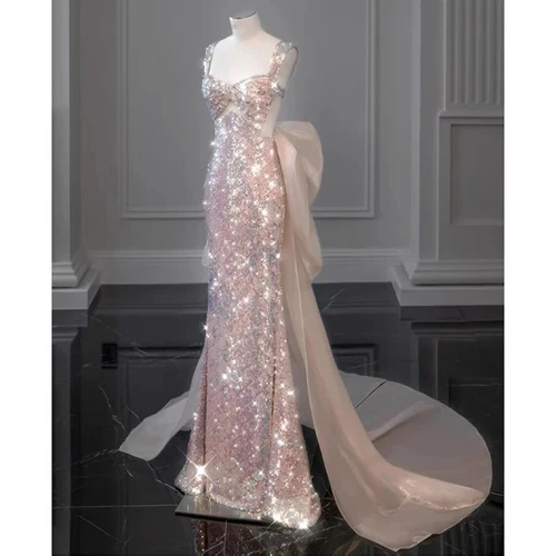 Mermaid Prom Dresses Pink With Detachable Bow Sequins Formal Party Prom Gown - Picture 2 of 8