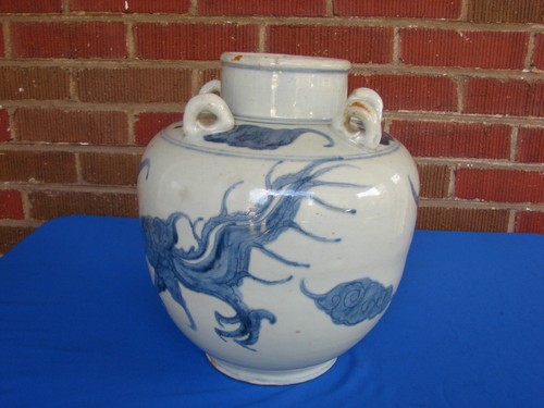 MING DYNASTY? LARGE ANTIQUE CHINESE BLUE & WHITE WATER JAR TEAPOT VASE DRAGON - Picture 4 of 11