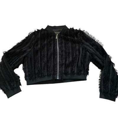 Valiant Paris Women s Crop Jacket Size XL Black Satin With Fringes Frill Tassel