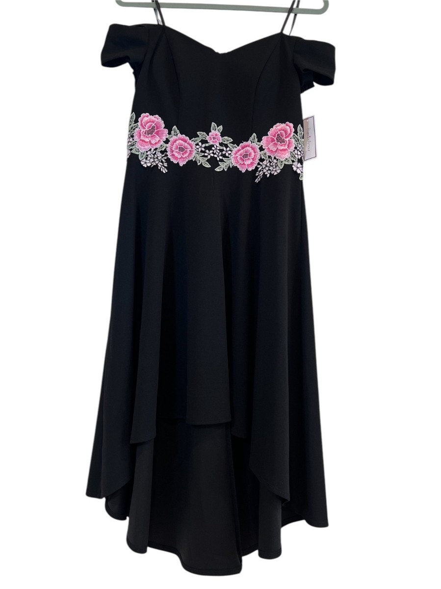premier amour off the shoulder dress Premier Amour Black High Low Dress NWT 8 Pink Floral Embroidered Off  Shoulder