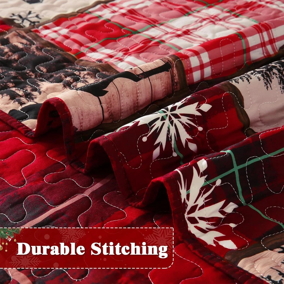 Juego de cama de edredón a cuadros rojo tamaño king de 3 piezas con 2 almohadas Sh Foto 4 de 4