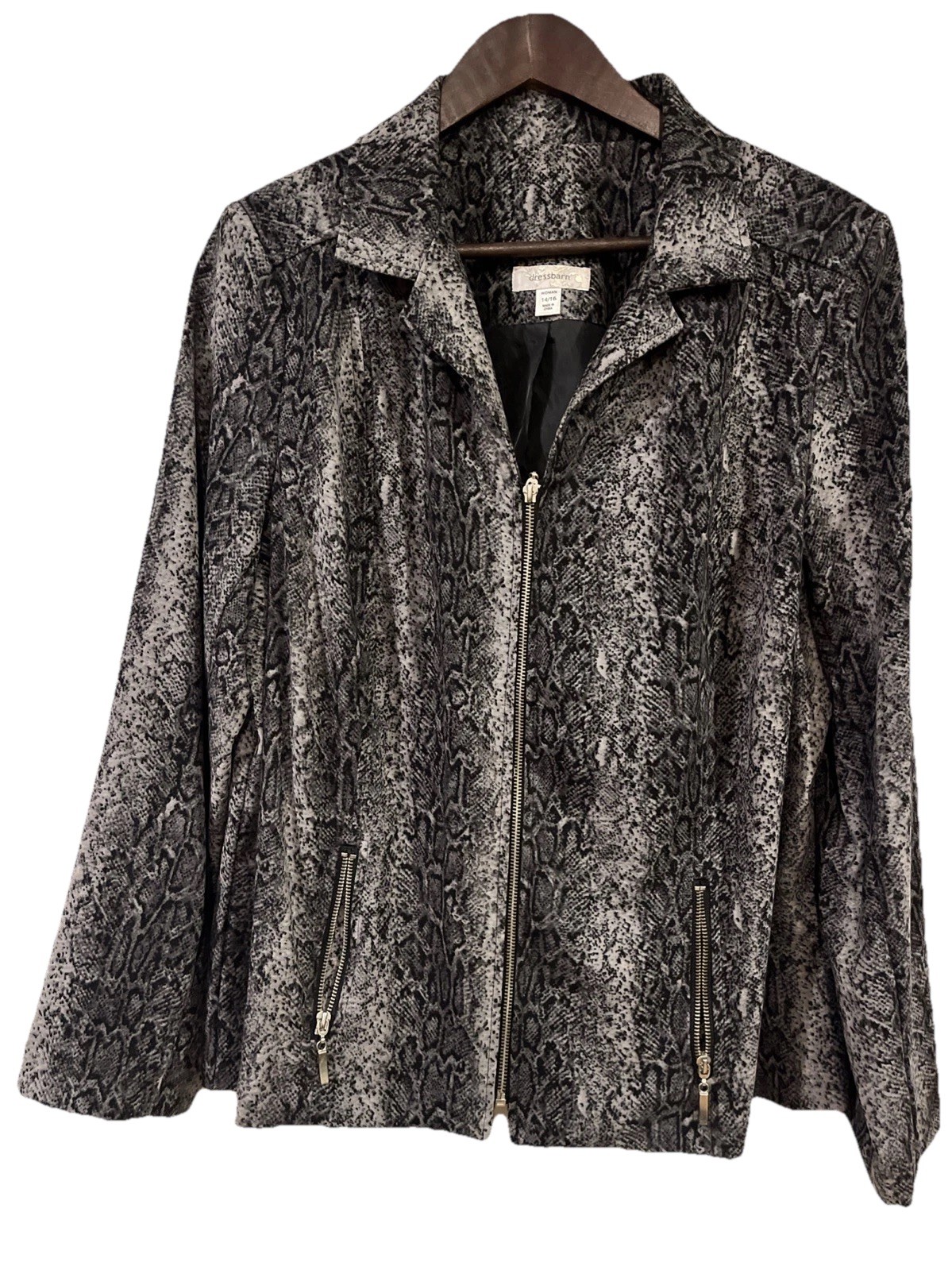 Dressbarn Women's Jacket Size 14/16 Animal Print Gray/black Long Sleeves Zip Up