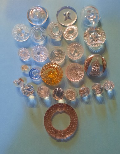 Vintage glass sewing buttons mostly Clear, 1 Amber 1 Blue 2 pink Round 21-50 pcs