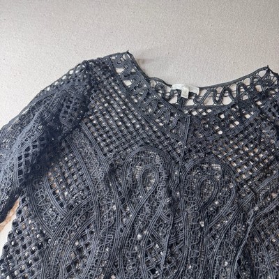 Adiva Womens Black Crochet Lace 3/4 Sleeve Scoop Neck Boho Overlay Top Large