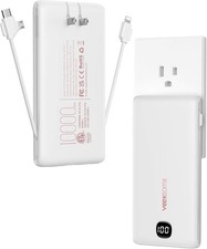 VEEKTOMX 10000mAh Portable Charger with Built-in Cables Wall Plug Pure White