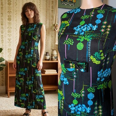 Vintage 60er 70er Maxi seidig botanisch Blumen Schleife Etuikleid 10 12 38
