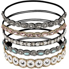 5pcs Hairbands for Women, 5 Rhinestone Beaded Headbands, classic multicolor b
