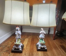 Antique Old Paris French Porcelain Figural Table Lamps With Silk Shades