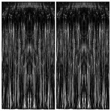 2 Pack Foil Curtain Backdrop Black Metallic Tinsel Foil Fringe Curtains