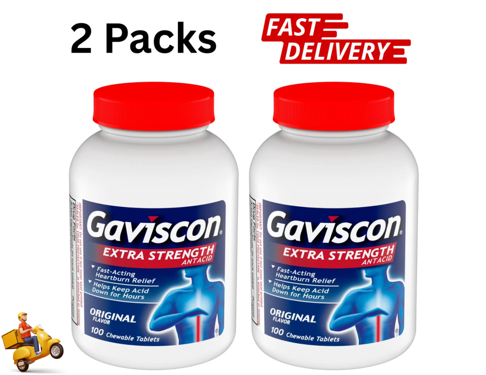 Gaviscon Extra Strength Chewable Antacid Tablets, Original 100 ea( 2 pack)